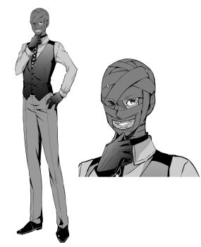 Rule 34 | 1boy, azami masurao, bandage on face, bandage over one eye, bandaged head, bandages, collared shirt, commentary request, dress shirt, gloves, hand on own chin, hand on own hip, highres, long sleeves, looking at viewer, male focus, monochrome, moyosan, necktie, patterned clothing, saiki gouto, shirt, smile, solo, standing, tsukihime, tsukihime (remake), vest, wing collar