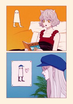 1boy 1girl :o animal_ears bella_scottland blanket blending blue_headwear book casual cat_ears cat_girl child's_drawing genderswap genderswap_(otf) grey_hair hair_between_eyes hat heart holding holding_book hunter_x_hunter kite_(hunter_x_hunter) long_hair looking_away neferpitou on_bed open_book painting_(object) palm_leaf paper pillow portrait profile pyramid_(structure) reading red_lips short_hair sleeveless split_screen straight_hair under_covers upper_body wavy_hair yellow_eyes