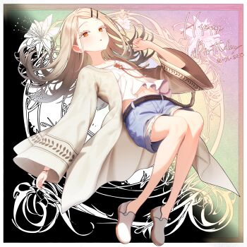 1girl absurdres blonde_hair blush camisole commentary_request dated denim denim_shorts expressionless flat_chest flower full_body gakuen_idolmaster happy_birthday highres idolmaster jacket long_hair looking_at_viewer navel open_clothes open_jacket orange_eyes parted_lips shinosawa_hiro shorts shubashuba solo