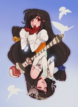 1girl absurdres artist_name bare_shoulders bird blue_background bodysuit brown_eyes brown_hair closed_eyes crystal detached_sleeves dress dual_persona final_fantasy final_fantasy_ix flower garnet_til_alexandros_xvii gem gloves green_gemstone hair_flower hair_ornament hairclip highres jewelry juliet_sleeves long_hair long_sleeves low-tied_long_hair orange_bodysuit parted_lips pendant puffy_sleeves red_gloves shirt skirtzzz smile staff upper_body white_dress white_shirt white_sleeves