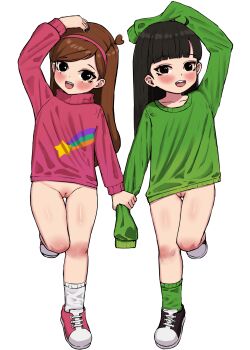 2girls arm_up black_footwear black_hair blush bottomless braces brown_eyes brown_hair codename:_kids_next_door crossover full_body gravity_falls green_socks green_sweater groin hairband hand_on_own_head highres holding_hands kitavana leg_up legs loli long_hair looking_at_viewer mabel_pines multiple_girls numbuh_3 open_mouth pink_shoes pink_sweater pussy shoes sleeves_past_wrists smile socks standing standing_on_one_leg sweater teeth thighs upper_teeth_only white_socks