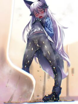 1girl animal_ear_fluff animal_ears black_gloves black_pantyhose black_shoes blue_shirt blurry blurry_background blush bow bow_panties clothes_lift crying crying_with_eyes_open female_focus from_below gloves grey_skirt half-closed_eyes highres indoors kemono_friends lifting_own_clothes long_hair long_sleeves navel open_mouth panties pantyhose pee pee_stain peeing peeing_self pleated_skirt public_restroom shirt shoes sidelocks silver_fox_(kemono_friends) skirt skirt_lift solo soon_(c-u-soon) standing tail tears teeth thighs tongue underwear upper_teeth_only urinal variant_set very_long_hair water_drop white_hair white_panties wolf_ears wolf_girl wolf_tail yellow_eyes
