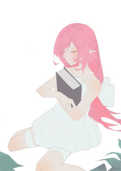 1girl absurdres bare_shoulders book closed_eyes dress elf elysia_(honkai_impact) highres holding holding_book honkai_(series) honkai_impact_3rd long_hair nareusii pink_hair pointy_ears simple_background sitting smile solo thigh_strap thighs very_long_hair wariza white_background white_dress