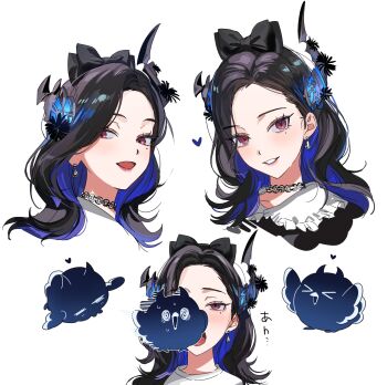 Rule 34 | 1girl, absurdres, alternate hair length, alternate hairstyle, asymmetrical horns, beak, black bow, black hair, blue hair, bow, breasts, colored inner hair, demon horns, hair bow, highres, hololive, hololive english, horns, jailbird (nerissa ravencroft), long hair, mole, mole under eye, multicolored hair, multiple views, nerissa ravencroft, open mouth, red eyes, two-tone hair, uneven horns, virtual youtuber, yomosaka