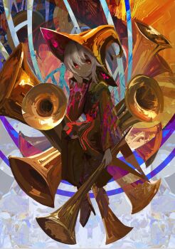 1girl abstract_background absurdres boots coat dark_skin hair_between_eyes hat head_on_hand high_heel_boots high_heels highres holding holding_instrument instrument kevin_adi long_sleeves medium_hair multicolored_coat negative orange_hat original red_eyes sitting smile solo surreal tube white_hair