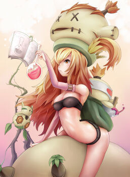 1girl :&lt; bad_id bad_pixiv_id bare_shoulders blonde_hair book breasts bridal_gauntlets chemistry cleavage dofus elbow_gloves female_focus flask gloves hat highres long_hair medium_breasts midriff mogmog round-bottom_flask science shorts solo strapless tube_top yellow_eyes