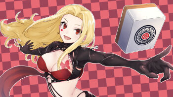 Rule 34 | 1girl, absurdres, black jacket, black pants, blonde hair, bra, breasts, butterfly tattoo, chest tattoo, cleavage, commentary request, cropped jacket, g9 (jiiku), highres, jacket, long hair, looking at viewer, luis cammy, luis cammy (1st costume), medium breasts, mole, mole under mouth, nijisanji, open mouth, pants, red bra, red eyes, smile, solo, tattoo, underwear, virtual youtuber