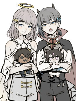 4boys @_@ black_cape black_hair black_pants blue_eyes cape chinese_commentary chocomirukuaji clothing_cutout commentary_request cosplay crown dark_young_(fate) dark_young_(fate)_(cosplay) demon_horns dual_persona fake_halo fang fate/grand_order fate_(series) flying_sweatdrops fujimaru_ritsuka_(male) fujimaru_ritsuka_(male)_(halloween_royalty) goat_boy goat_horns grey_hair halo holding_chibi hooves horns jack-o'-lantern male_focus mini_crown multiple_boys oberon_(fate) oberon_(third_ascension)_(fate) pants short_hair shorts shoulder_cutout tearing_up tilted_headwear two-sided_cape two-sided_fabric white_shorts