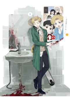 5boys absurdres albert_brudzewski_(chi.) black_hair black_jacket black_pants black_shirt black_shoes black_suit blonde_hair blood blood_on_ground bloody_weapon blue_eyes blue_hoodie blush border brown_eyes brown_sweater chainsaw_man chi.:_chikyuu_no_undou_ni_tsuite child cleaning cleaning_rag cleaning_weapon closed_eyes closed_mouth coat contemporary death facial_hair formal_clothes full_body green_coat grey_jacket hair_between_eyes hand_on_own_chin highres hood hoodie hubert_(chi.) jacket long_coat male_focus medium_hair multiple_boys mustache open_mouth pants parted_bangs potocki rafal_(chi.) serien shirt shirt_under_sweater shoes short_hair sink spoken_sweatdrop suit sweatdrop sweater talking_on_phone tile_floor tile_wall tiles turtleneck upper_body video_call weapon white_border white_shirt