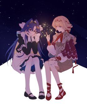 2girls absurdres ankle_ribbon apron ballet_slippers black_dress black_hairband black_shoes blonde_hair blue_eyes blue_hair braid braided_bangs brown_dress colored_inner_hair dress fireworks frilled_apron frills full_body hair_intakes hair_ribbon hairband hand_on_own_knee hand_up hands_on_own_cheeks hands_on_own_face hands_up head_rest highres index_finger_raised invisible_chair kiperina leg_ribbon leg_tattoo long_hair looking_at_another low_ponytail mary_janes meeeeei multicolored_hair multiple_girls pantyhose ponytail profile red_ribbon red_shoes reverse:1999 ribbon school_uniform shoes short_dress sitting smile soviet_school_uniform star_(sky) starry_sky_background tattoo voyager_(reverse:1999) white_apron white_pantyhose