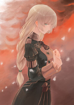 1girl absurdres blonde_hair breasts buttons closed_mouth commentary_request dangouo_ty fire_emblem fire_emblem:_three_houses from_side garreg_mach_monastery_uniform green_eyes highres ingrid_brandl_galatea long_hair looking_at_viewer medium_breasts nintendo petals profile solo very_long_hair