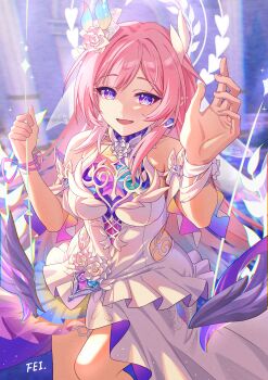 1girl absurdres bare_shoulders breasts commentary cyrene_(honkai:_star_rail) cyrene_(ripples_of_past_reverie)_(honkai:_star_rail) diamond-shaped_pupils diamond_(shape) dress feiken_631 flower hair_flower hair_ornament halo halo_behind_head hand_up highres honkai:_star_rail honkai_(series) looking_at_viewer medium_breasts open_mouth pink_flower pink_hair pink_rose pointy_ears purple_eyes rose smile solo symbol-shaped_pupils veil white_dress white_veil