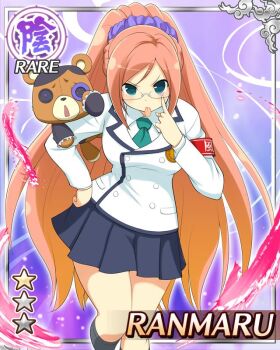 animal animal_on_shoulder armband blue_eyes blue_skirt braid breasts button_eyes buttons card_(medium) eyelid_pull glasses green_necktie hair_ornament hair_scrunchie half_up_half_down_braid hand_on_own_hip jacket kumapooh_(senran_kagura) long_hair looking_at_viewer medium_breasts necktie orange_hair pleated_skirt purple_scrunchie ranmaru_(senran_kagura) red_armband school_uniform scrunchie senran_kagura senran_kagura_new_wave skirt standing standing_on_one_leg stuffed_animal stuffed_toy teddy_bear tongue tongue_out toritsu_hakuou_academy_school_uniform very_long_hair white_jacket