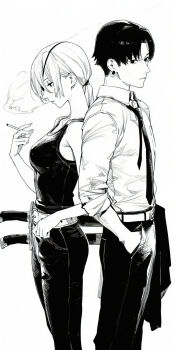 1boy 1girl back-to-back bare_arms bare_shoulders belt black_hair black_necktie black_pants black_tank_top breasts chainsaw_man cigarette collared_shirt cowboy_shot drowsy_sheep earrings eyepatch hair_between_eyes hair_tie hand_in_pocket highres holding holding_cigarette jewelry kishibe_(chainsaw_man) long_hair low_ponytail medium_breasts necktie pants parted_bangs ponytail quanxi_(chainsaw_man) shirt short_hair sleeves_rolled_up smoke smoking tank_top white_background white_belt white_shirt