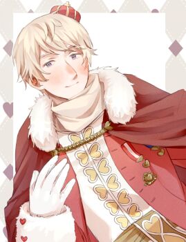 1boy argyle_border axis_powers_hetalia belt blush border cape chain closed_mouth commentary_request cross crown fur-trimmed_cape fur-trimmed_sleeves fur_trim gloves gold_chain grey_border grey_hair hair_between_eyes hand_up harutoro_39487 heart heart_ornament heart_print highres long_sleeves looking_at_viewer male_focus medal mini_crown outside_border purple_eyes red_cape russia_(hetalia) russian_clothes scarf shirt short_hair simple_background smile solo upper_body white_background white_gloves white_scarf white_shirt yellow_belt