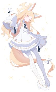 1girl animal_ear_fluff animal_ears blonde_hair blue_archive blue_necktie blush closed_mouth commentary detached_sleeves dress extra_ears fox_ears fox_girl fox_tail halo highres long_hair necktie pantyhose pink_eyes sasanoha_(sasanoha0712) seia_(blue_archive) shoes sidelocks sleeves_past_fingers sleeves_past_wrists smile solo tail white_dress white_pantyhose white_shoes yellow_halo
