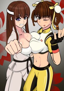 belt black_belt blue_eyes blush braid braided_hair_rings breast_press breasts brown_eyes brown_hair cleavage clenched_hand dead_or_alive dead_or_alive_6 double_bun dougi grin hair_bun hair_rings headband hitomi_(doa) karate_gi large_breasts lei_fang long_hair looking_at_viewer midriff official_alternate_costume one_eye_closed pankou precure18nanmi1 smile symmetrical_docking tongue tongue_out white_headband