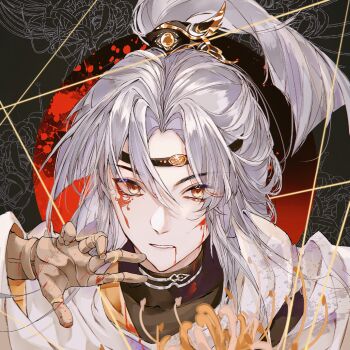 1boy black_background black_border black_headband black_shirt bleeding blood blood_from_mouth blood_in_hair blunt_ends border chinese_commentary curtained_hair cuts doll_joints facial_tattoo floral_border flower hair_between_eyes half_updo hand_up headband high_ponytail highres hua_yi_shanxin_zhiyue injury jiang_xing joints long_hair looking_at_viewer luludeer386 male_focus orange_eyes orange_flower parted_lips ponytail portrait puppet_strings red_background scarf shirt solo spider_lily string_around_finger tattoo turtleneck turtleneck_shirt white_hair white_scarf xiao_guan_(headdress)