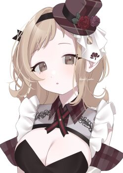 1girl :o breasts brown_eyes brown_hair cleavage commentary flower hat hat_flower hazaki_yoshino highres idolmaster idolmaster_shiny_colors large_breasts mano_sakurako medium_hair parted_lips sideways_glance simple_background solo top_hat upper_body white_background