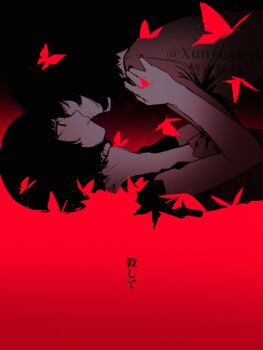 2girls amakura_mayu amakura_mio black_background black_eyes black_hair black_shirt bob_cut brown_shirt bug butterfly chinese_commentary chromatic_aberration closed_mouth commentary_request covered_eyes face-to-face fatal_frame fatal_frame_ii:_crimson_butterfly from_side gradient_background hand_on_another's_shoulder hand_up highres insect light_particles looking_at_another lying multiple_girls on_back parted_lips red_background red_butterfly shirt short_hair short_sleeves siblings sisters spoilers strangling translated twins twitter_username two-tone_background upper_body watermark xunyu_(manyu)