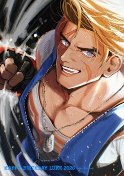 Rule 34 | 1boy, absurdres, blonde hair, blue jacket, character name, clenched hand, collarbone, commentary, dated, dog tags, english commentary, facial scar, fingerless gloves, forked eyebrows, gloves, happy birthday, highres, jacket, looking to the side, luke sullivan, male focus, mattaripp, mma gloves, multicolored gloves, multiple scars, open mouth, print shirt, scar, scar across eye, scar on cheek, scar on face, shirt, short hair, short sleeves, sideways glance, sleeveless, sleeveless jacket, smile, solo, street fighter, street fighter 6, teeth, unzipped, upper body, white shirt, wind