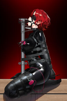 1girl absurdres arm_binder armbinder arms_behind_back bdsm blindfold blush bodysuit bondage bound breasts collar deepthroat dildo drooling egg_vibrator elegia fellatio gag gag_harness gagged harness high_heels highres large_breasts latex latex_bodysuit medium_hair nipple_clamps oral original pussy_juice red_hair restrained ring_gag separated_legs sex_toy shibari shibari_over_clothes shiny_clothes simulated_fellatio skin_tight skindentation slave solo tongue tongue_out vibrator wooden_horse
