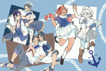 2boys 4girls anchor_symbol black_hair black_hairband black_shoes blue_background blue_bow blue_bowtie blue_eyes blue_hair blue_shirt boots bow bowtie breasts brown_boots brown_hair cleavage closed_eyes closed_mouth commentary_request dress grey_eyes grey_pants guel_jeturk gundam gundam_suisei_no_majo hairband hat holding_hands interlocked_fingers jacket large_breasts lauda_neill long_hair mak_(kainemaru) miorine_rembran multiple_boys multiple_girls neckerchief nika_nanaura open_mouth pants pink_streaks pleated_skirt purple_eyes purple_hair red_hair red_neckerchief rope sabina_fardin sailor sailor_dress school_uniform serafuku shirt shoes short_hair skirt smile socks suletta_mercury thick_eyebrows thighhighs white_hair white_hat white_jacket white_pants white_shoes white_skirt white_socks white_thighhighs yellow_eyes yuri