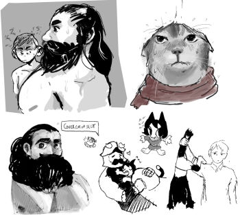 1girl 2boys affectionate animalization bara beard chilchuck_tims collage commentary cover_them_up_slut_(meme) cropped_torso deformed dungeon_meshi dwarf ears_down english_commentary facial_hair fake_horns from_side girl_staring_at_guy's_chest_(meme) greyscale hairymoths helmet highres horned_helmet horns hug izutsumi large_pectorals long_beard looking_at_another looking_at_pectorals male_focus mature_male meme monochrome multiple_boys muscle_envy muscular muscular_male mustache pectorals senshi_(dungeon_meshi) thick_mustache unfinished very_long_beard yaoi