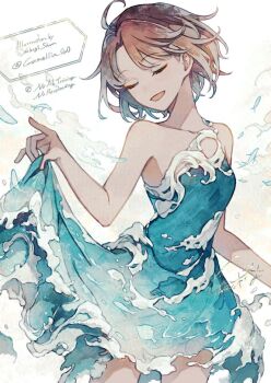 1girl ahoge akagi_shun bare_shoulders brown_hair closed_mouth collarbone commentary_request contrapposto fish hand_up holding_own_dress open_mouth original simple_background upper_body water_dress watermark white_background