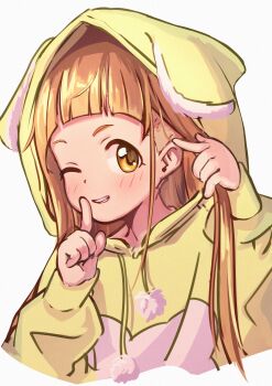 absurdres animal_ear_hood blonde_hair blush chankirankachan commentary_request drawstring eyelashes fake_animal_ears hand_in_own_hair highres hood hood_up ichihara_nina idolmaster idolmaster_cinderella_girls index_finger_raised long_hair long_sleeves one_eye_closed pom_pom_(clothes) pom_pom_drawstring simple_background smile solo teeth undercut white_background yellow_eyes