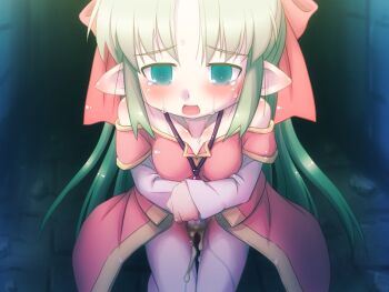 1girl bare_shoulders blush bow breasts clothed_after_sex collarbone cowboy_shot cum cum_in_pussy cumdrip cumdrip_through_clothes cumdrip_through_panties curtained_hair ear_blush elf green_eyes green_hair hair_bow half-closed_eyes hands_on_own_stomach holding holding_towel jewelry juusha-chan_to_yaya_zannen_na_yuusha_no_hanashi juusha_(juusha-chan_to_yaya_zannen_na_yuusha_no_hanashi) large_variant_set layered_sleeves long_hair long_sleeves necklace open_mouth panties pigeon-toed pink_skirt pointy_ears ponytail pussy_juice pussy_juice_stain raised_inner_eyebrows red_bow short_over_long_sleeves short_sleeves shoulder_blush sidelocks skirt small_breasts solo stained_panties standing sweat tearing_up third-party_source towel underwear variant_set wet wet_clothes wet_panties white_panties yoshi_(crossmind)