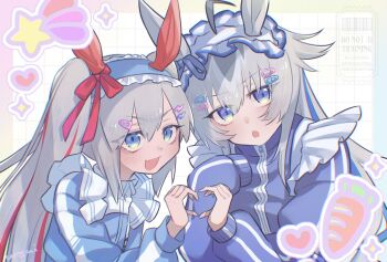 Rule 34 | 2girls, ahoge, alternate costume, animal ears, blue eyes, blue hair, blue headdress, blue jacket, blush, carrot, commentary request, ear covers, ear ornament, fang, frills, grey hair, hair between eyes, hair ornament, hairclip, heart, heart hands, highres, horse ears, horse girl, jacket, jersey maid, long hair, long sleeves, looking at viewer, maid, multicolored hair, multiple girls, oguri cap (umamusume), open mouth, red hair, revision, smile, star (symbol), streaked hair, tamamo cross (umamusume), track jacket, turtleneck, turtleneck jacket, umamusume, umamusume: cinderella gray, unconventional maid, upper body, urewi, very long hair, white headdress