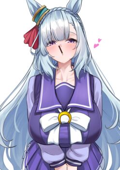 Rule 34 | 1girl, animal ears, blue hair, blush, bow, bowtie, braid, breasts, collarbone, commentary request, crown braid, ear ornament, food, food in mouth, herohero (higashi no dou), highres, horse ears, horse girl, horse tail, horseshoe ornament, huge breasts, incoming pocky kiss, long hair, long sleeves, looking at viewer, mejiro ardan (umamusume), mouth hold, parted bangs, pocky, pocky in mouth, purple eyes, purple sailor collar, purple skirt, sailor collar, sailor shirt, school uniform, shirt, simple background, skirt, solo, tail, tracen school uniform, umamusume, white background, white bow, white bowtie