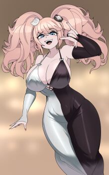 1girl \m/ absurdres alternate_costume bare_shoulders bear_hair_ornament big_hair black_dress blonde_hair blue_eyes breasts captain_kirb cleavage collarbone danganronpa:_trigger_happy_havoc danganronpa_(series) dress enoshima_junko gloves hair_ornament highres large_breasts long_hair looking_at_viewer monokuma nail_polish open_mouth smile solo twintails two-tone_dress white_dress