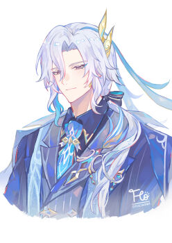 bishounen blue_hair blue_necktie blue_shirt collared_shirt flocavenia genshin_impact hashtag-only_commentary highres long_hair looking_at_viewer male_focus multicolored_hair necktie neuvillette_(genshin_impact) neuvillette_(melusent_gift)_(genshin_impact) official_alternate_costume purple_eyes shirt simple_background smile streaked_hair upper_body white_background white_hair