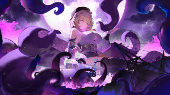 1girl accessories asymmetrical_shorts bare_shoulders black_bow black_hat blonde_hair bow breasts button_gap closed_mouth commentary_request detached_sleeves hat high-waist_shorts highres large_breasts looking_at_viewer mole mole_under_mouth monster_girl moon ocean purple_eyes purple_moon purple_sky purple_water scylla ship shirt short_hair shorts single_thighhigh sitting sky solo suction_cups tentacle_girl tentacle_tail tentacles thighhighs torn_clothes torn_thighhighs water watercraft white_shirt yidhari_murphy yu_e_baba zenless_zone_zero