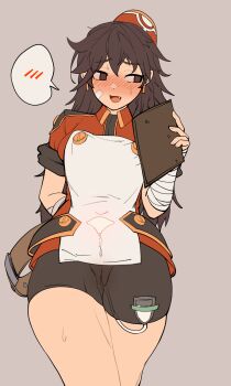 1girl 3gs arm_wrap artificial_insemination averting_eyes bandage_on_face bandages belt bike_shorts blush breasts brown_eyes camilla_(elsword) covered_navel cowboy_shot earrings elsword embarrassed female_focus flat_color grey_background half-closed_eyes hand_up happy hat highres holding jewelry long_hair looking_to_the_side matching_hair/eyes medium_breasts nervous nervous_smile nose_blush object_insertion open_mouth pillbox_hat raised_eyebrows red_hat red_shirt shirt short_sleeves sidelocks simple_background smile solo speech_bubble spoken_blush standing sweat tape thick_thighs thighs tube uterus vaginal vaginal_object_insertion x-ray