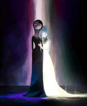 2girls bare_shoulders black_hair blue_hair blunt_bangs closed_eyes dress eyelashes full_body highres hisarakanoi jewelry long_hair long_sleeves multiple_girls necklace nefertari_vivi nico_robin one_piece ponytail sidelocks white_dress