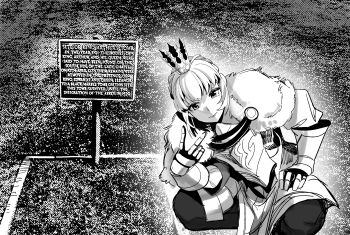 1girl armor artoria_pendragon_(fate) breastplate closed_mouth commentary_request crown fate/grand_order fate_(series) fur_trim gauntlets grant_gustin_next_to_oliver_queen's_grave_(meme) greyscale highres looking_at_viewer lord_logres_(fate) meme monochrome short_hair solo v wtlong_han