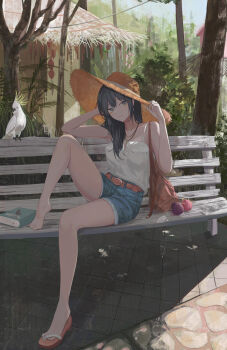 1girl absurdres adjusting_clothes adjusting_headwear bag barefoot belt black_hair book breasts camisole cleavage closed_mouth commentary_request day denim denim_shorts feet flip-flops grey_eyes hand_in_own_hair hat highres jenmin12 jewelry looking_at_viewer necklace on_bench onion original outdoors sandals shorts sitting solo straw_hat tree white_camisole