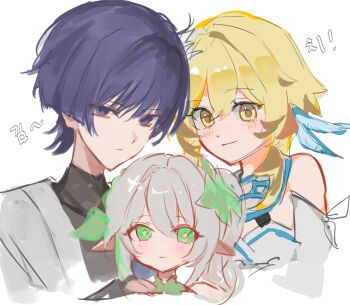 1boy 2girls black_bodysuit black_eyes black_hair blonde_hair blue_trim blunt_ends blush bodysuit closed_mouth covered_collarbone cropped_head cropped_torso cross-shaped_pupils detached_sleeves dress eyelashes eyeliner feather_hair_ornament feathers genshin_impact green_eyes green_hair hair_ornament halterneck hands_on_another's_shoulder highres innagaja japanese_clothes kimono korean_text leaf leaf_hair_ornament long_hair looking_at_viewer lumine_(genshin_impact) makeup mandarin_collar multicolored_hair multiple_girls nahida_(genshin_impact) pointy_ears red_eyeliner scaramouche_(genshin_impact) scarf short_hair short_hair_with_long_locks side_ponytail sidelocks single_bare_shoulder sketch smile streaked_hair symbol-shaped_pupils translation_request tsurime wanderer_(genshin_impact) white_background white_dress white_feathers white_hair white_kimono white_scarf white_sleeves yellow_eyes