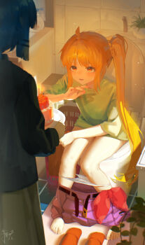 absurdres ahoge barefoot bathroom birthday_cake black_sweater blonde_hair blue_hair blush bocchi_the_rock! cake candle clothes_pull commentary_request embarrassed food full_body hair_ornament highres holding holding_cake holding_food ijichi_nijika indoors long_hair long_sleeves looking_at_another on_toilet open_mouth panties pants pants_around_ankles pants_pull panty_pull red_eyes shirt short_hair side_ponytail sitting skirt sklt_(swyt8223) slippers sweater thighs tile_wall tiles toilet_use underwear unworn_slippers yamada_ryo