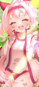 1girl absurdres animal_ears bandaid bandaid_on_leg blush bow breasts buruma closed_eyes commentary_request dirty dirty_clothes dirty_face ear_bow ear_covers facing_viewer fingerless_gloves flower gloves hairband haru_urara_(bestest_prize)_(umamusume) haru_urara_(umamusume) headband highres holding holding_flower horse_ears horse_girl horse_tail jacket kurumiya_(krmy_p) long_hair open_mouth pink_buruma pink_eyes pink_hair pink_headband ponytail red_buruma red_gloves red_headband shirt smile solo tail umamusume white_jacket white_shirt