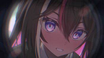 1girl :d azki_(hololive) black_hair close-up collared_shirt colored_inner_hair commentary_request double-parted_bangs grin highres hololive kumarang looking_at_viewer mole mole_under_eye multicolored_hair open_mouth pink_hair pink_streaks pov_peephole purple_eyes shirt smile solo streaked_hair virtual_youtuber white_hair white_shirt white_streaks