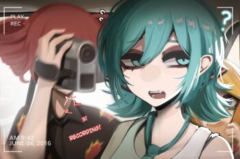 3girls ? absurdres akita_neru alternate_hair_length alternate_hairstyle black_shirt blonde_hair blue_eyes blue_hair blue_necktie camera commentary confused double-parted_bangs english_commentary english_text flying_sweatdrops hair_between_eyes hatsune_miku highres holding holding_camera kasane_teto looking_at_viewer loose_necktie mikuneki multiple_girls necktie open_mouth recording red_hair shirt short_hair solo_focus talking tank_top upper_body utau video_camera viewfinder vocaloid white_tank_top