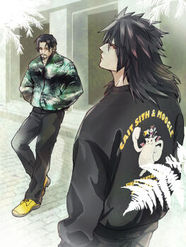 2boys black_hair black_pants brick_road cait_sith_(final_fantasy) character_name commentary_request facial_hair final_fantasy final_fantasy_vii goatee hair_between_eyes hands_in_pockets highres jacket male_focus merchandise moogle multiple_boys niwawaka pants parted_bangs print_jacket red_eyes reeve_tuesti shoes short_hair sneakers spiked_hair tree vincent_valentine yellow_shoes