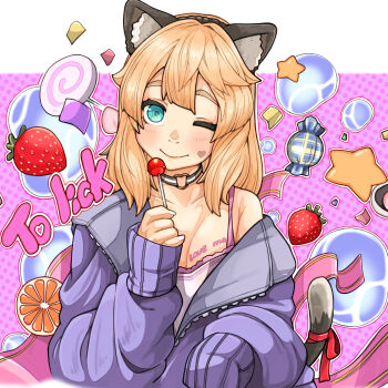 Rule 34 | 1boy, animal ears, blonde hair, blue eyes, bridget (guilty gear), candy, choker, english text, fake animal ears, food, guilty gear, guilty gear strive, highres, hood, hooded vest, hoodie, lollipop, long hair, one eye closed, smile, sugajyun, tail, trap, vest, virtual youtuber