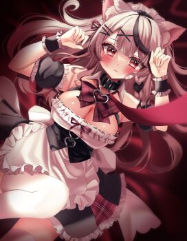 1girl absurdres alternate_costume alternate_hair_length alternate_hairstyle animal_ear_fluff animal_ears apron black_dress black_streaks blush breasts cat_ears cleavage commentary_request dress grey_hair hair_ornament hairpin highres hololive hosimiya_yume large_breasts long_hair looking_at_viewer maid_apron maid_headdress multicolored_hair pantyhose red_eyes sakamata_chloe solo streaked_hair virtual_youtuber white_apron white_pantyhose white_wrist_cuffs wrist_cuffs x_hair_ornament