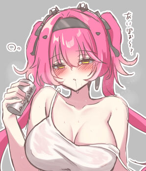 1girl alternate_costume bare_shoulders beer_can black_bow black_hairband blush bow breasts can cleavage commentary_request drink_can drooling drunk earrings hair_between_eyes hair_bow hairband half-closed_eyes headgear highres holding holding_can jewelry large_breasts long_hair lupa_(wuthering_waves) multiple_hair_bows parted_lips pink_hair solo strap_slip sweat tank_top translation_request twintails uissu upper_body white_tank_top wuthering_waves yellow_eyes