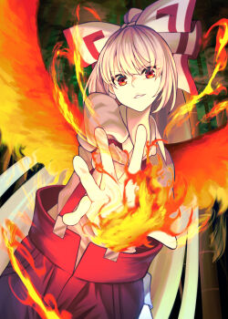 Rule 34 | 1girl, absurdres, bamboo, bow, collared shirt, commentary request, commission, equality taira, fire, fujiwara no mokou, hair bow, highres, long hair, long sleeves, open mouth, pants, phoenix wings, red eyes, red pants, shirt, signature, skeb commission, smile, solo, suspenders, touhou, white bow, white hair, white shirt, wings